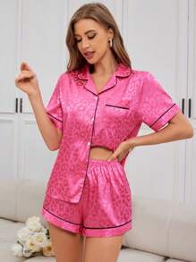 SHEIN Women's Brocade Leopard Print Pajama Set With Lapel, Top And Shorts - Hot Pink - View 5