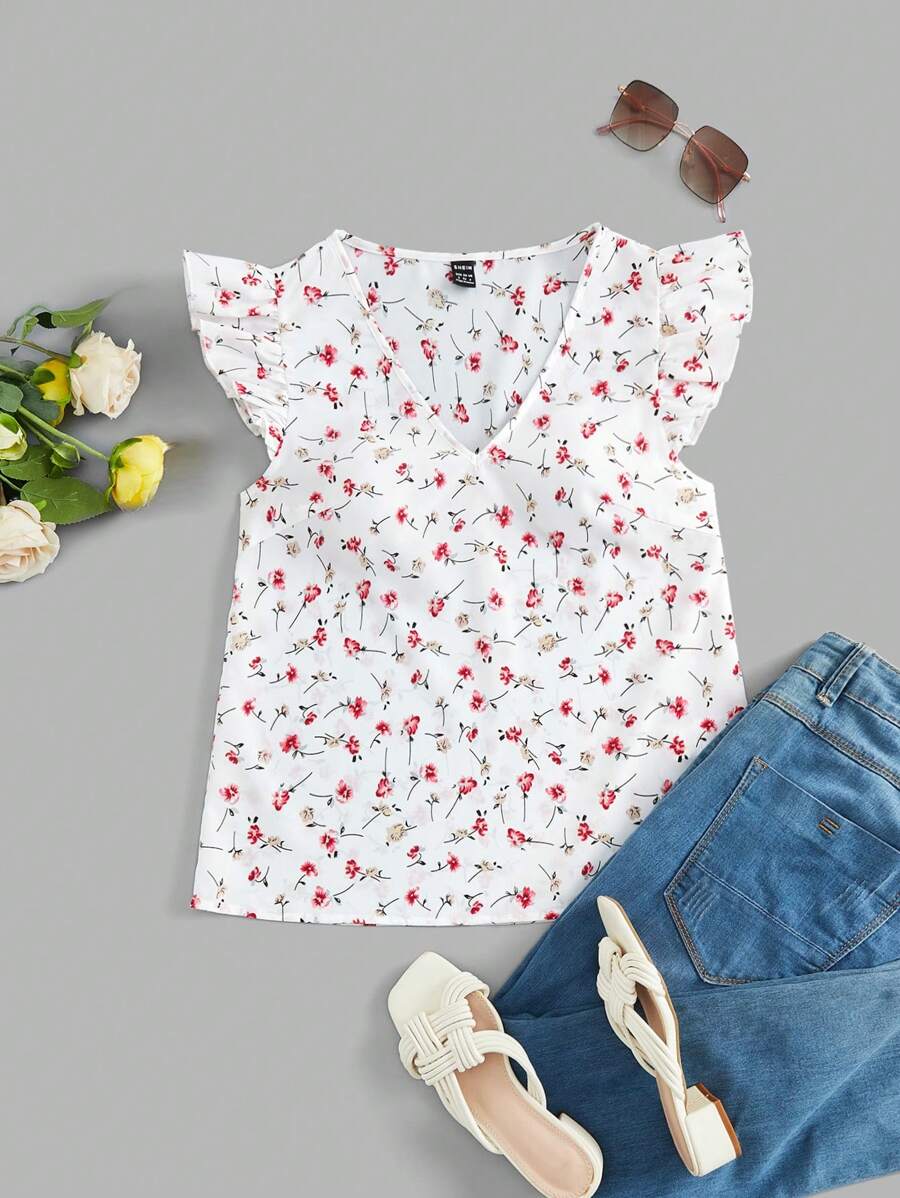 SHEIN VCAY Summer Casual Floral Print Ruffled V-Neck Blouse - White - View 1