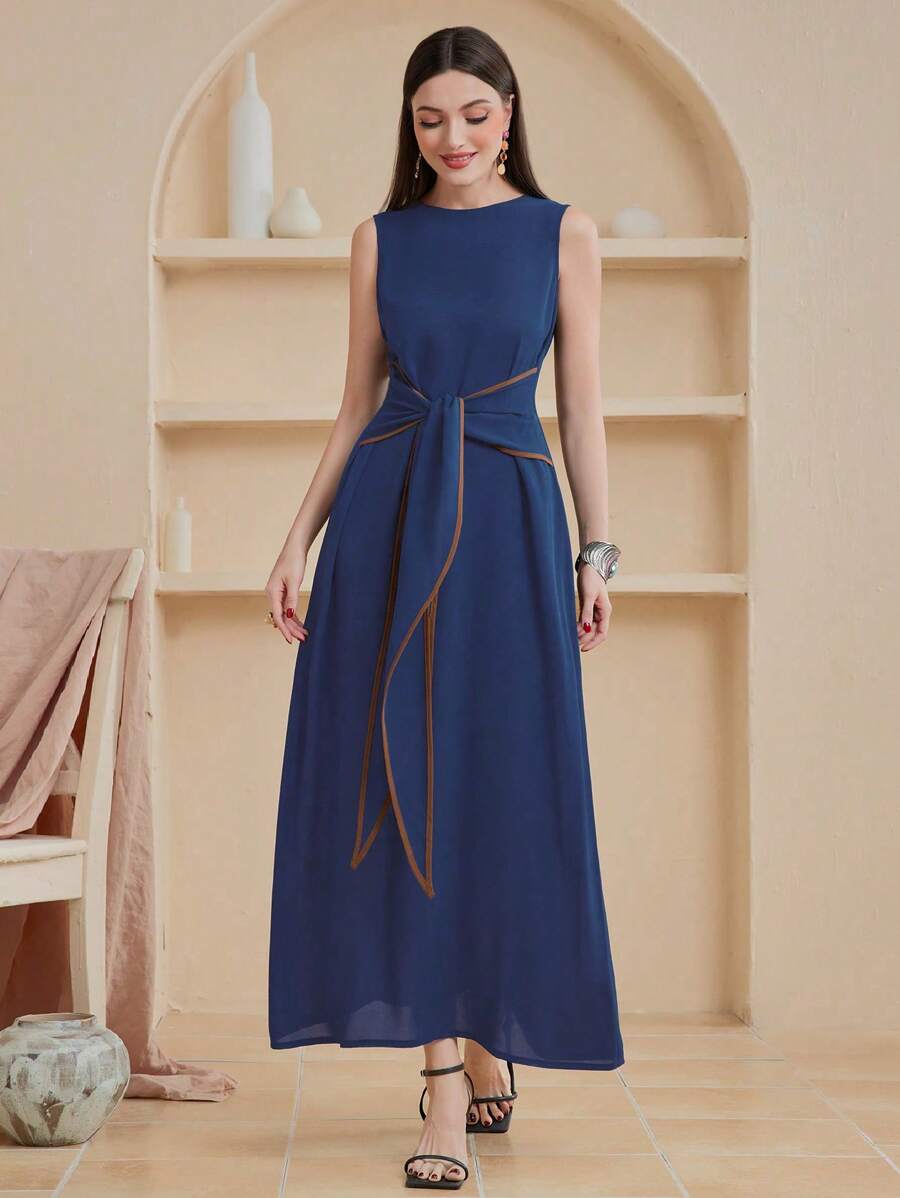 Al Najma 女士時尚夏季無袖長款腰帶連衣裙 - 藍色 - 查看 1