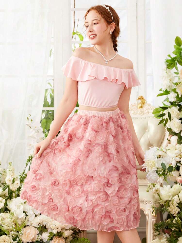 Teen Girl Solid Color Off Shoulder Ruffle Trim Top & 3d Flower Mesh A-Line Skirt Two Pieces Set
