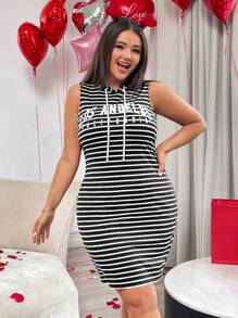 SHEIN Essnce Của phụ nữ Kích thước lớn Ngày lễ tình nhân Mùa Xuân Mùa hè giản dị Sọc áo có mũ Dây rút Đầm - Đen và trắng - Xem 5