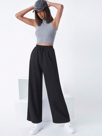 Terry Fleece  Drawstring Waist Slant Pocket Palazzo Pants