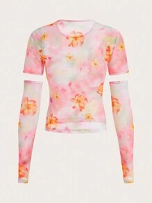 SHEINNeu Top De Manga Corta Y Manga De Brazo Transparente Para Mujer Kidcore Dopamine Con Estampado Floral De Malla