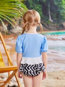 Young Girl Poker Print Round Neck Short Puff Sleeve Tankini Set Summer Beach - Black and White - View 2