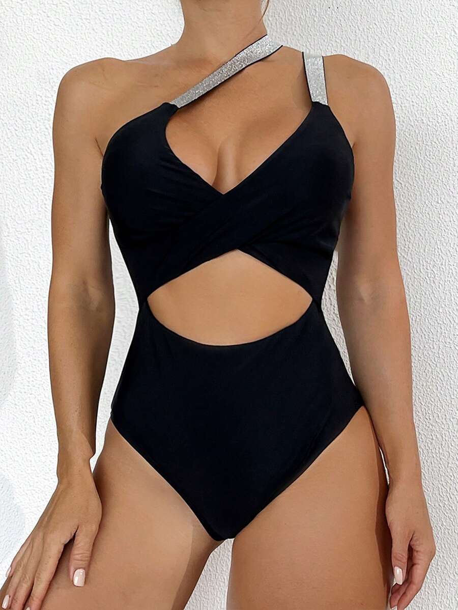 SHEIN Swim 女士纯色简约连体泳衣夏季 - 黑色 - 查看 1