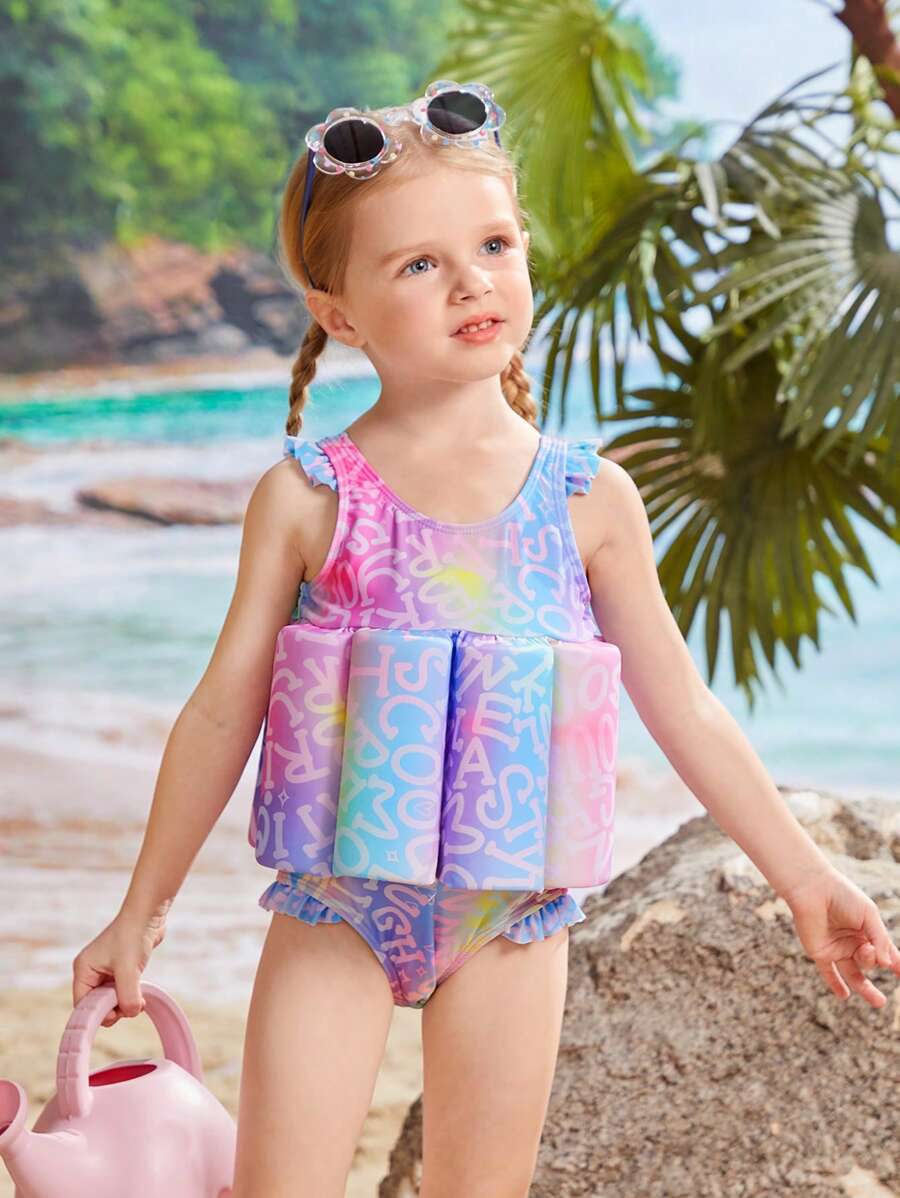 Young Girls #39 One Piece Swimsuit With Alphabet Print And Ruffle Trim