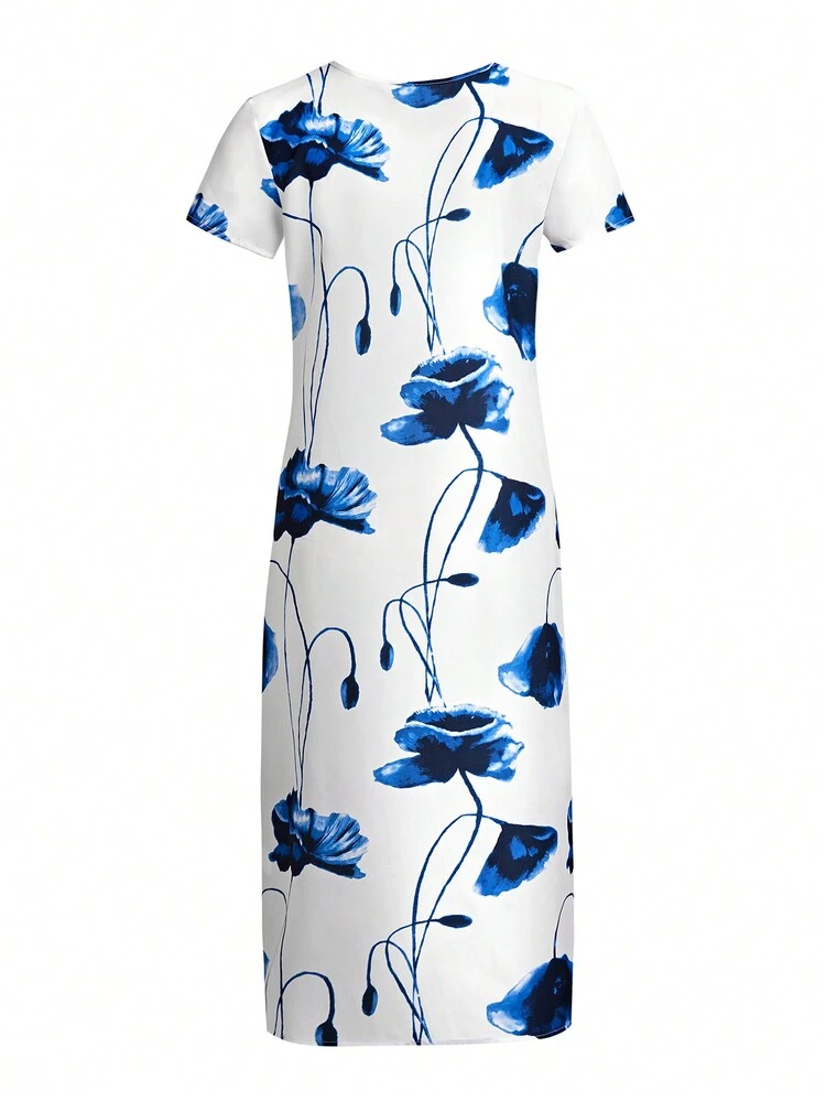 Women's Summer Floral Print Round Neck Short Sleeve Casual Dress
