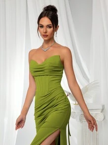 VIPGIRL Green Strapless Slit Elegant Women's Evening Dress Bridesmaid Dress - 芥末黃 - 查看 6