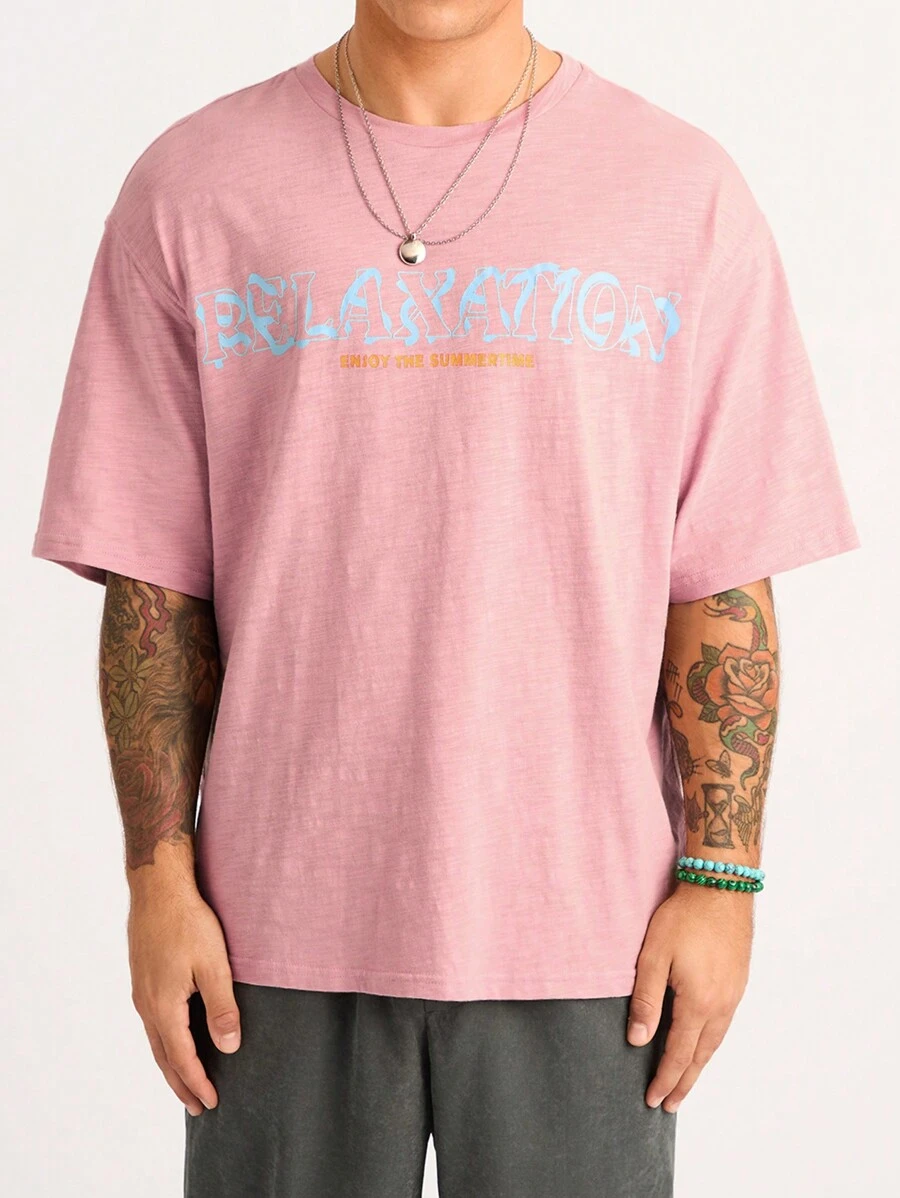 Forever 21 Men's Casual Pink Cotton Slub Fabric Loose Letter Print T-Shirt - Pink - View 1