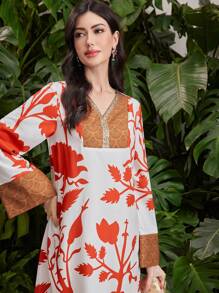 Al Najma Của phụ nữ Kỳ nghỉ Phong cách In thực vật Nối Dài Đầm Với chuông - trái cam - Xem 2