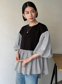 FRIFUL Women's Fashion Striped Patchwork Casual Shirt For Summer,Ruffle - Black and White - View 3