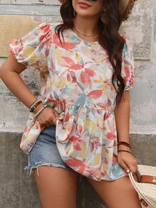SHEIN VCAY Bluză tip babydoll cu mâneci bufante scurte, cu gât rotund, cu imprimeu cu plante, în stil vacanță - Portocale - Vizualizare 6