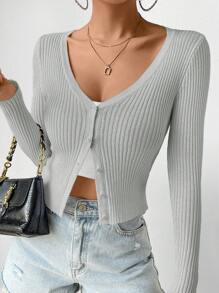 Chiquease Chất rắn Thon gọn Của phụ nữ Áo len Mở Áo len - Màu Xám nhạt - Xem 1