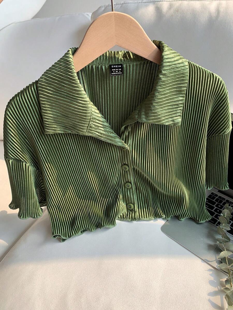 SHEIN Comfortcana 女式 Y2k 风格短款褶皱衬衫,适合春夏季,短袖上衣 - 綠色 - 查看 1
