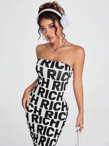 SHEIN Coolane Letter Graphic Tube Bodycon Dress - Black and White - View 2