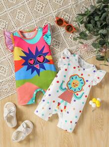 2入組寶寶女孩可愛塗鴉抽象印花荷葉邊連體衣套裝，休閒簡約風格，姊妹裝 - 彩色 - 查看 1