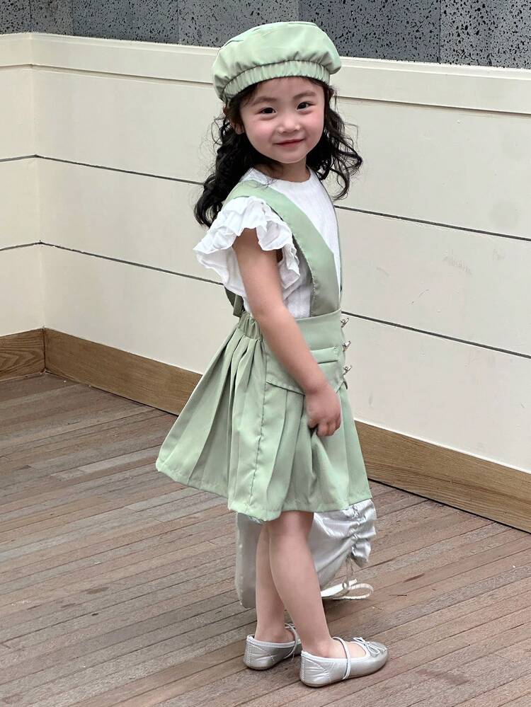 Young Girl Round Neck Ruffle Sleeve T-Shirt And Button Decor Pleated Suspender Skirt With Hat, Cool Summer Outfits