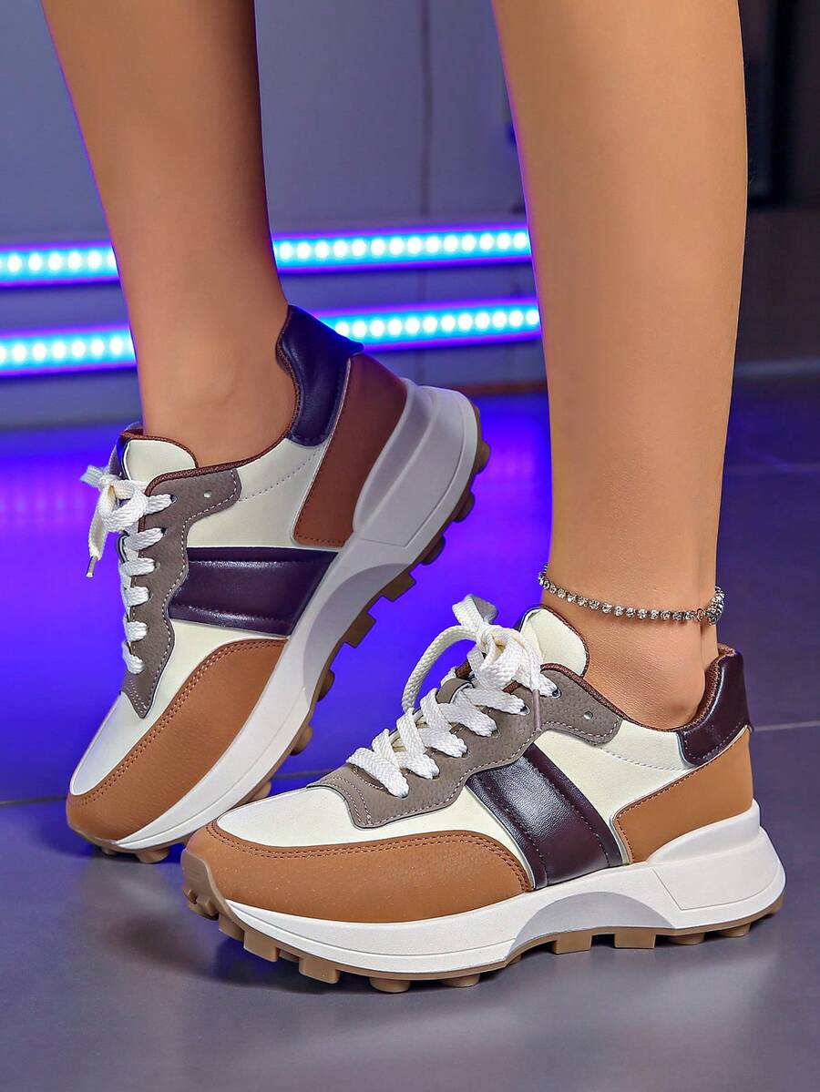 2024 New Women's Retro Chunky Sneakers, Round Toe, Thick Sole, Lace-Up, Colorblock, Breathable - Multicolor - View 1