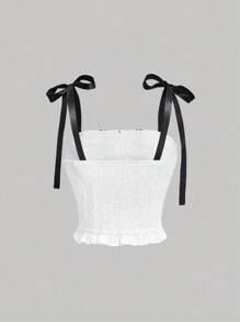 SHEIN MOD Black And White Color Block Floral Lace Cami Top With Tie Shoulder Straps - Black and White - View 2