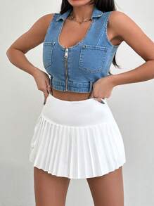 EURMUSE Women's Collared Sleeveless Denim Vest With Zipper Front - Blue - View 3