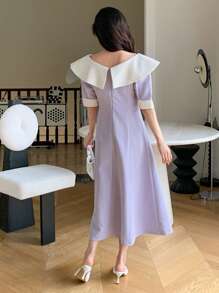 DAZY 女式彼得潘领短袖拼色优雅中长连衣裙，夏季，荷叶边 - 紫色 - 查看 2