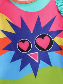 2入組寶寶女孩可愛塗鴉抽象印花荷葉邊連體衣套裝，休閒簡約風格，姊妹裝 - 彩色 - 查看 6