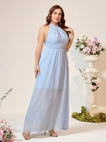 SHEIN Belle 大碼女士時尚露背連衣裙，魅力分裂式擺設 - 淺藍色 - 查看 6