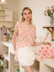 SHEIN MOD Áo không tay cổ tròn tua rua và ngọc trai thiết kế xếp nếp màu hồng ngọt ngào - Hồng - Xem 3