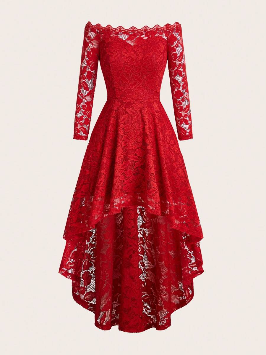 SHEIN Unity One-Shoulder Red Lace Dress With Asymmetrical Dress - Red - View 1