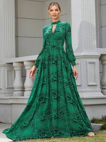 LOVE&LEMONADE 佩斯利印花露背系带长袖度假连衣裙 - 綠色 - 查看 3