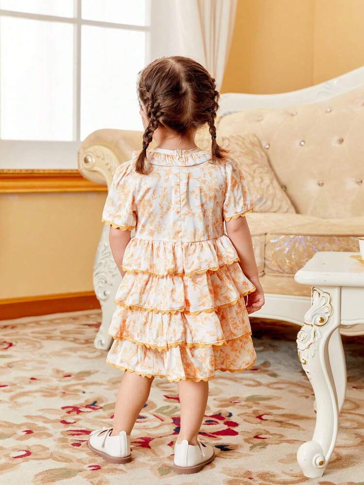 Baby Girl Gorgeous Elegant Palace Style Gold Floral Pattern Printed Multiple Layer Ruffled Short Sleeve Dress, Suitable For Party, Spring/Summer