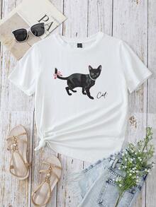SHEIN EZwear Giải trí Mèo in Vòng cổ Ngắn tay Thon gọn Của phụ nữ Áo thun Thích hợp Cho mùa hè - trắng - Xem 2