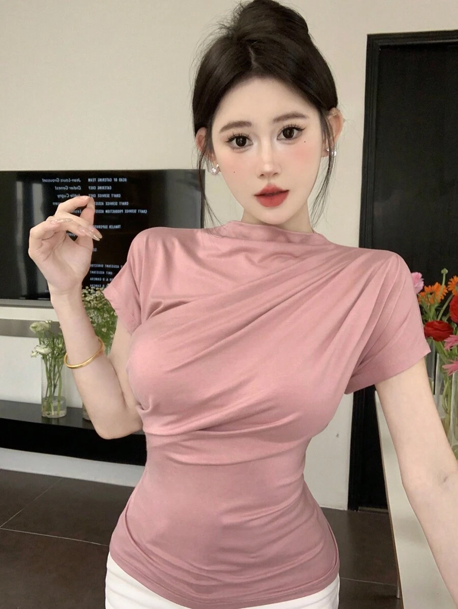 DAZY 純色立領修身百褶校園風T恤 - 粉色 - 查看 1