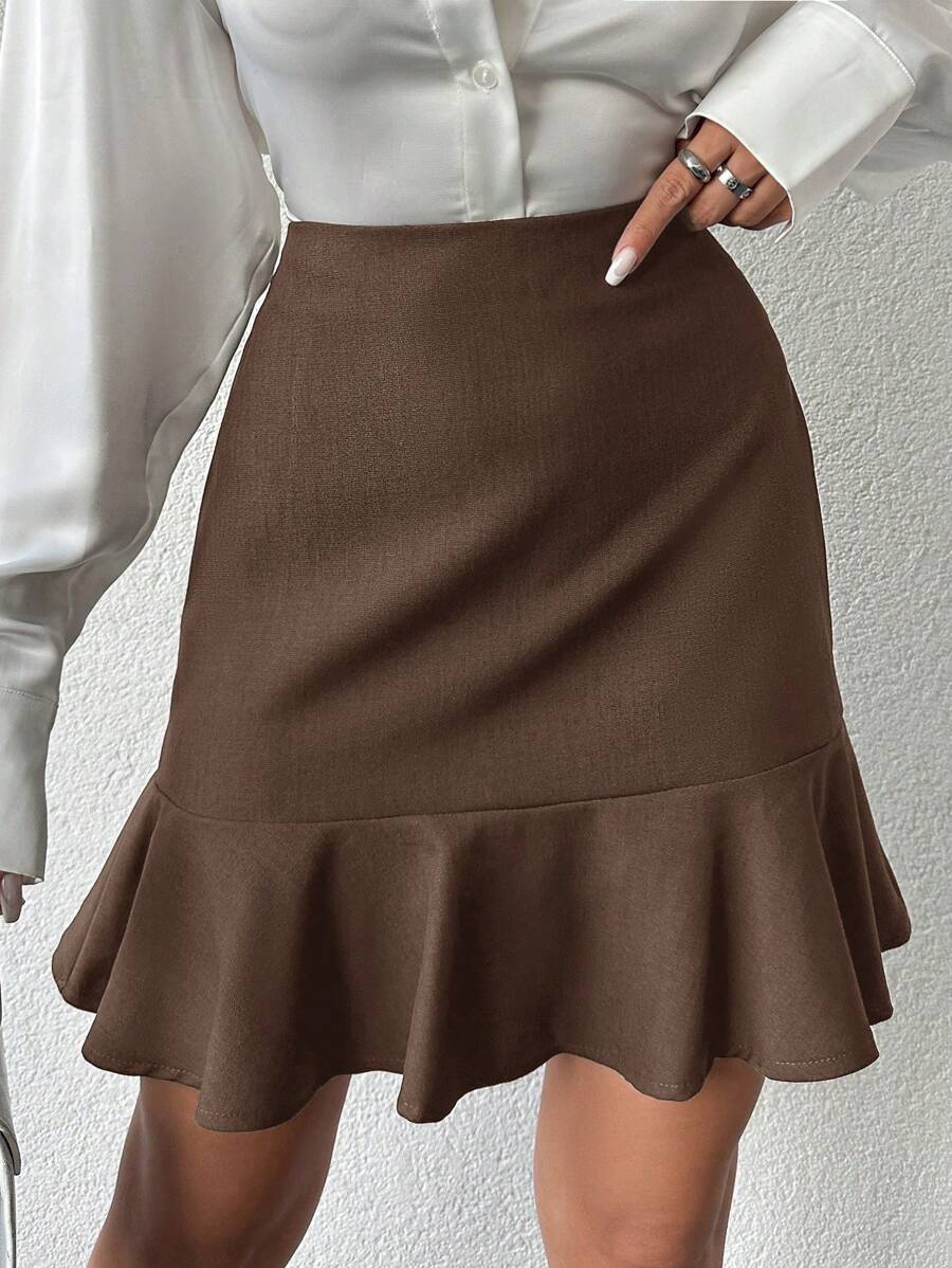 EURMUSE High Waist Ruffle Hem Skirt - Brown - View 1