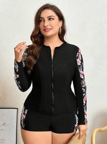 SHEIN Swim Curve Plus Size Women's Summer Beach Contrast Tropical Plant Print Zipper Front Long Sleeve Rashguard Set For Vacation Style - Multicolor - View 6