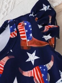 SHEIN Set 2 piese Eid Al-Adha pentru fete mici, rochie cu mâneci fluturate cu imprimeu cu stele, potrivită pentru Ziua Independenței