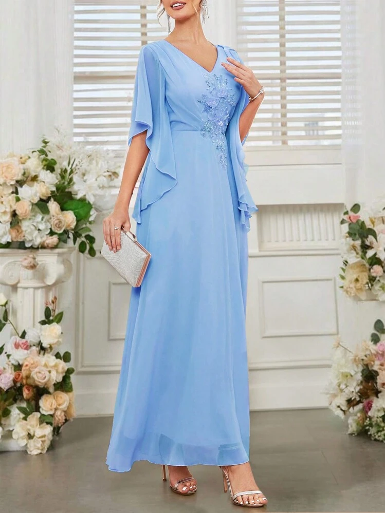 SHEIN Belle Women's V-Neck Romantic And Elegant Wedding Dress With Floral Applique And Ruffled Sleeves Formal Evening Prom Wedding Guest Gown, For Graduation, Dinner - Baby Blue - View 3