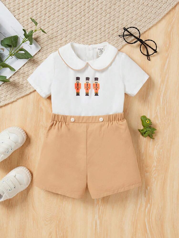 Baby Boy Gentleman Style Shirt With Peter Pan Collar And Elastic Waist Shorts Set, Cute & Interesting Patterns