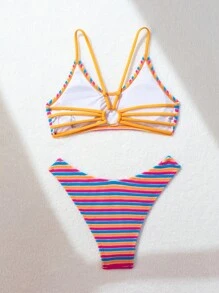 SHEIN Swim Women's Summer Beach Striped Bikini Set - Multicolor - View 4