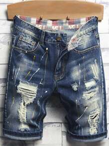 Men Graphic Print Ripped Frayed Bermuda Denim Shorts - Dark Wash - View 1