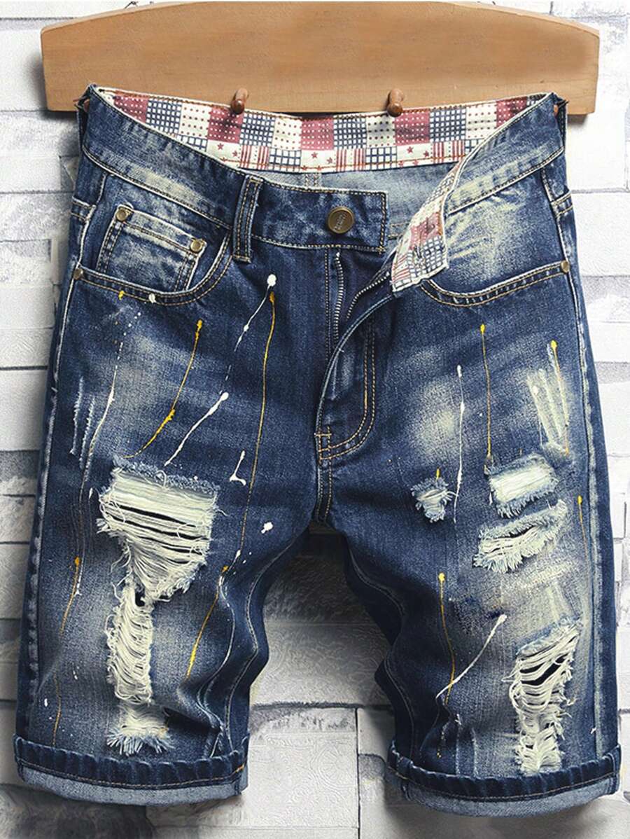 Men Graphic Print Ripped Frayed Bermuda Denim Shorts - Dark Wash - View 1
