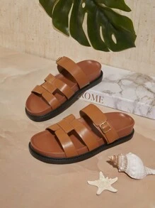 SHUZIA Women's Solid Color Buckle Strap Flat Sandals - Camel - View 2