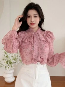 DAZY Long Sleeve Ruffle Collar Bow Blouse,Fall Clothes - Pink - View 1