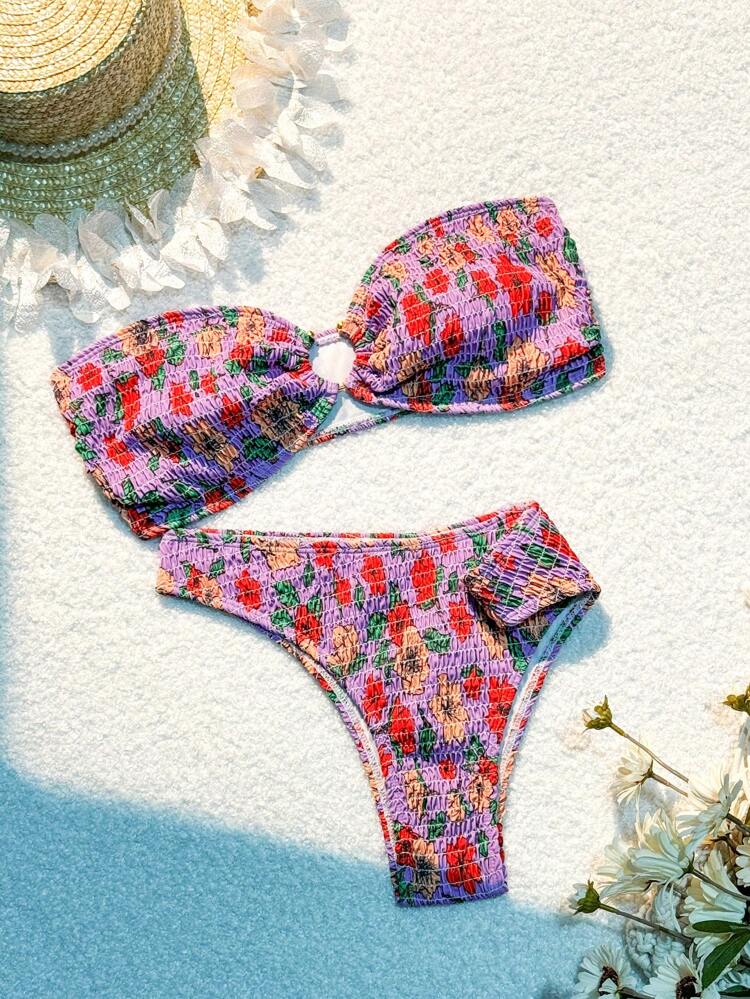Women's Floral Printed Bandeau Bikini Set With Wire-Free Padded Bra, Perfect For Vacation Summer