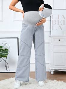 SHEIN Adjustable Maternity Loose Fit Denim Pants With Elastic Waistband Jeans - Light Wash - View 1