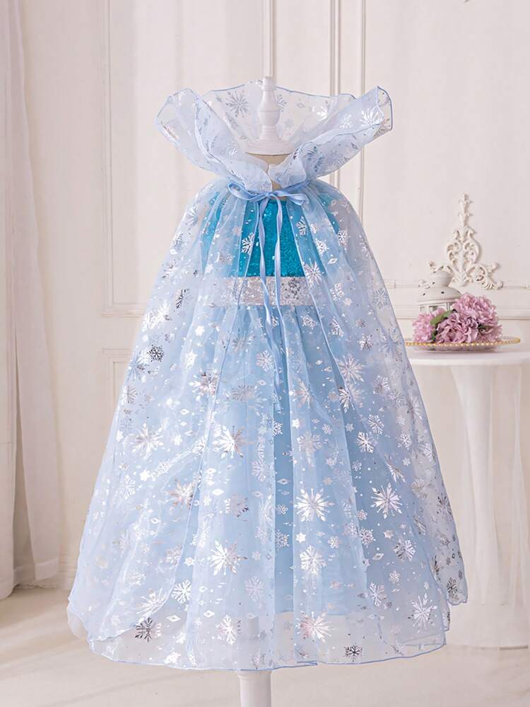 Young Girl Cosplay Ice & Snow Style Beaded Strapless Dress With Double Cloak Party Prom Gown