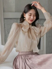 Wynsel 休闲商务纯色系带女士衬衫，秋季服装长袖上衣 - 杏色 - 查看 3