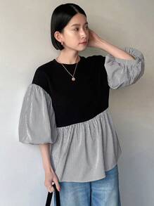 FRIFUL Women's Fashion Striped Patchwork Casual Shirt For Summer,Ruffle - Black and White - View 4