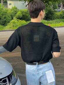 DAZY Men's Summer Solid Color Hollow Knit Top - Black - View 2
