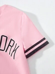 Camisa larga de manga corta sin cuello con patrón de letras y rayas para niña preadolescente para el verano - Rosa - Ver 4